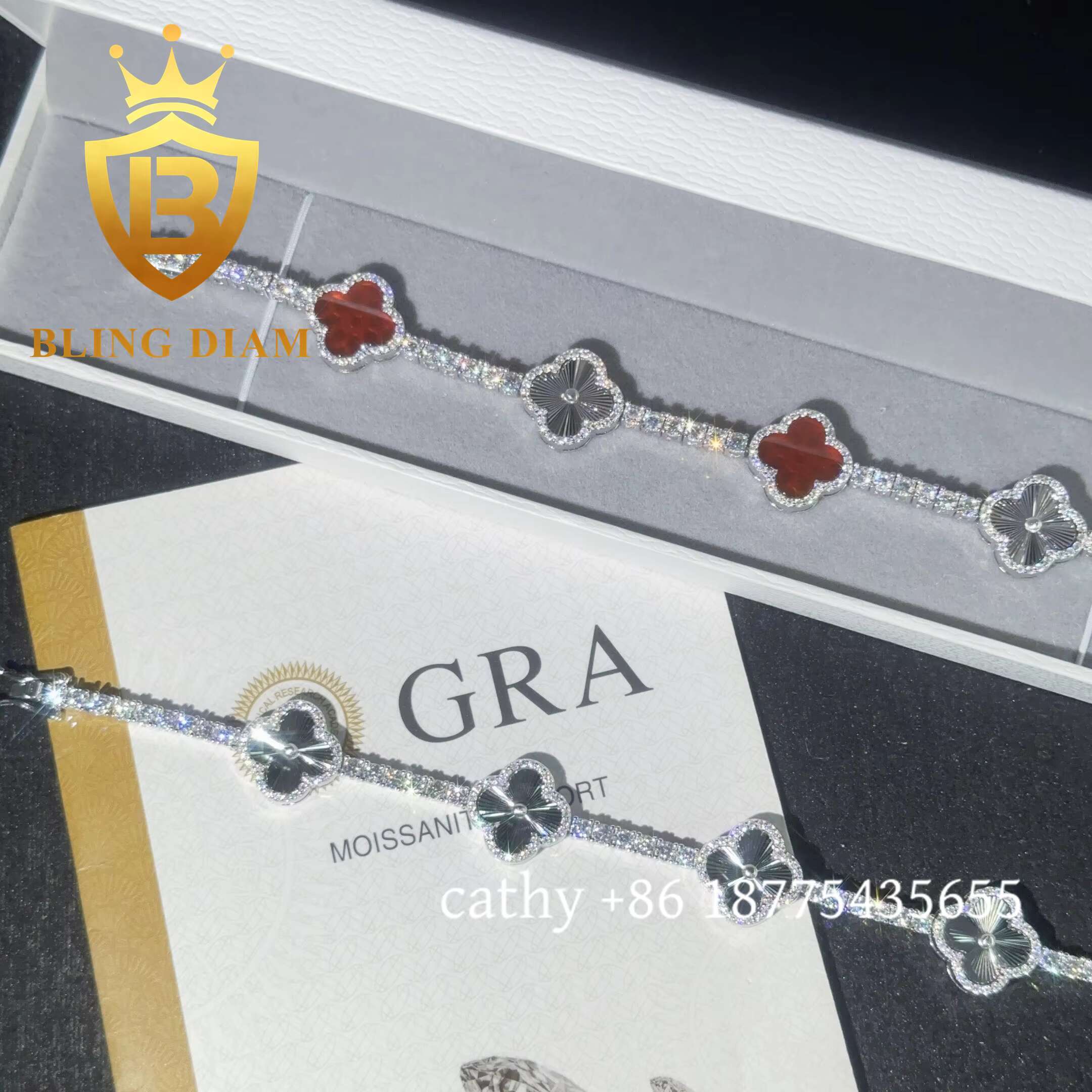 Fashion Clover Moissanite Tennis Chain Bracelet 925 Sterling Silver 3mm Moissanite Bracelet Pass Diamond test for Men Women