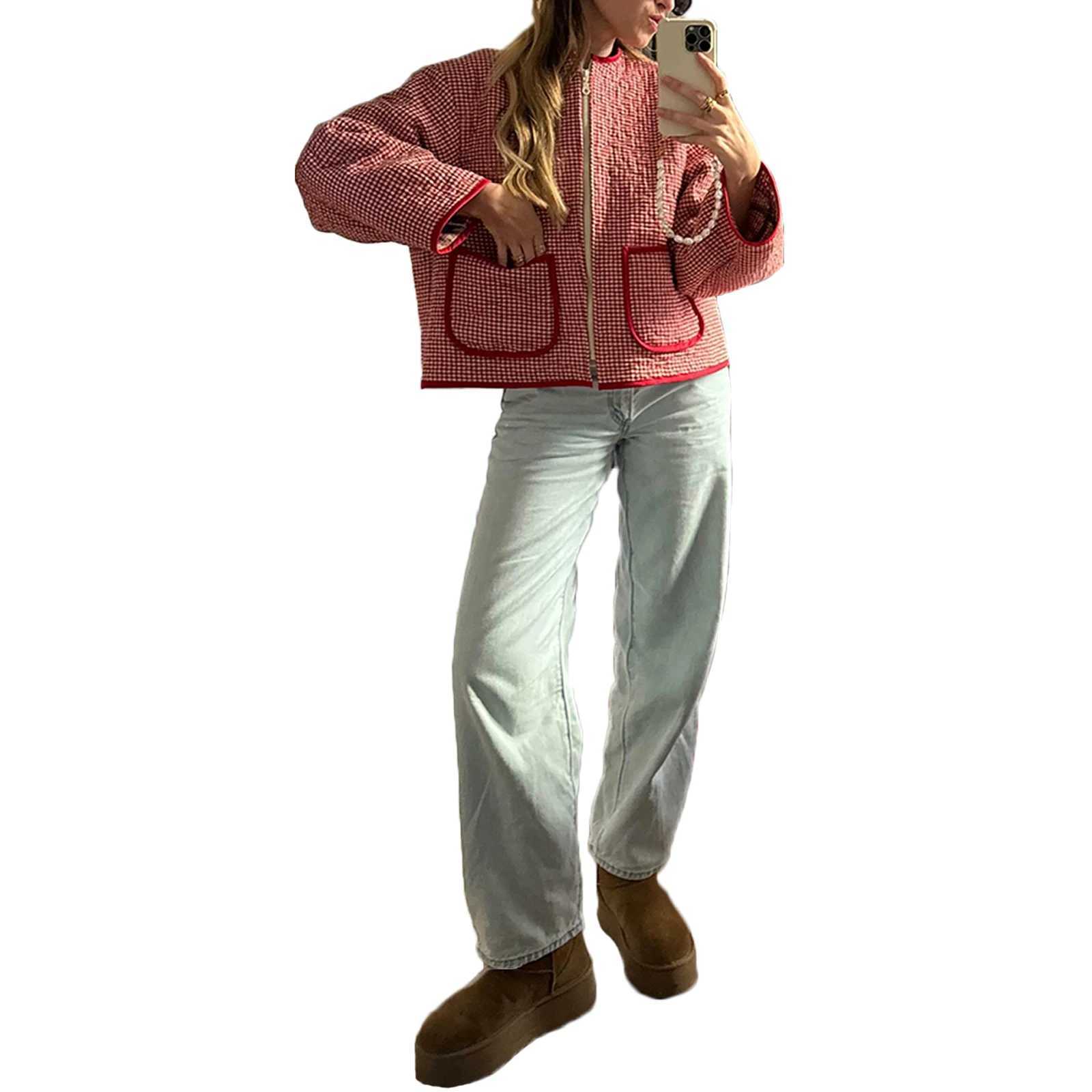 Womens Zip Up Jacket Fashion Vintage Floral/Striped Lightweight Quilted Long Sleeve Winter Casual Outwear 2024 New Streetwear J251124