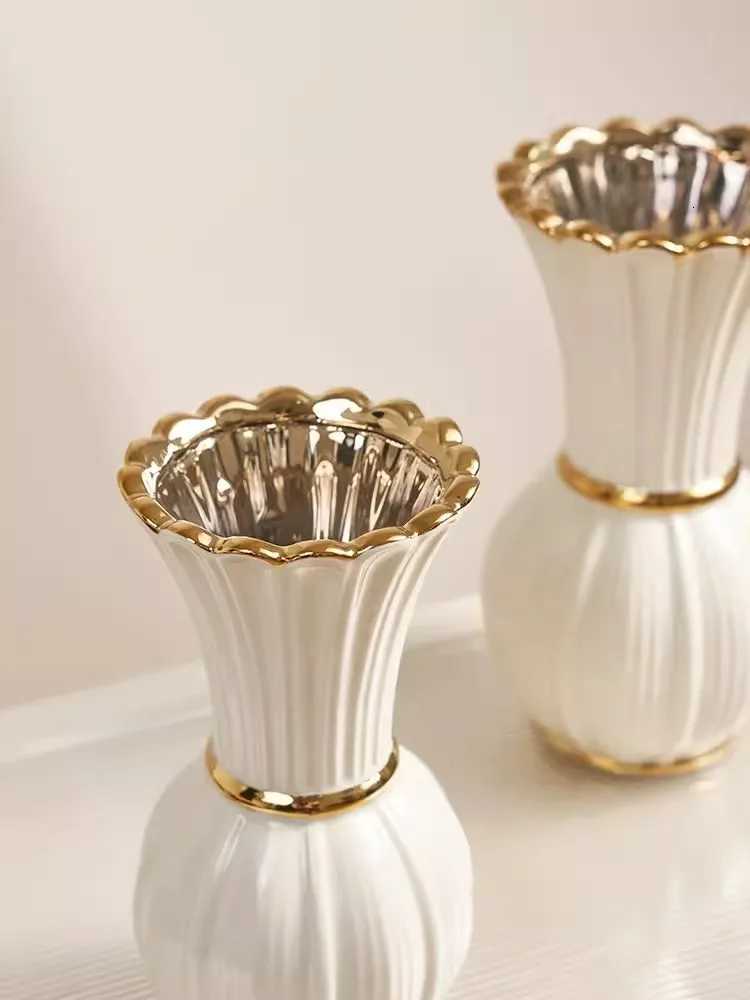 White gold painted cream style ceramic vase with advanced sense of water-based rose flower arrangement retro French style livin C251124