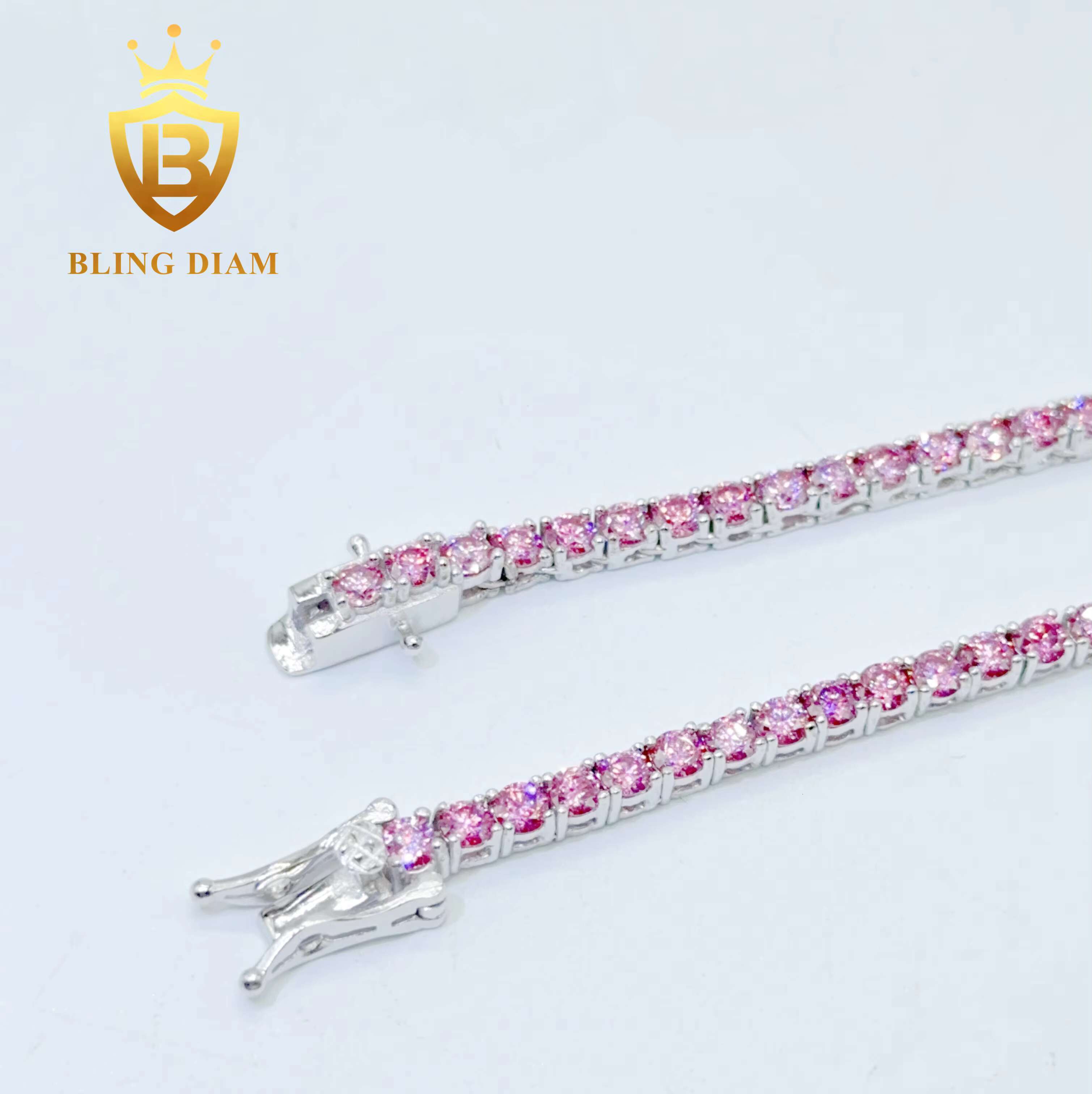 Blingdiam Jewelry Pass Diamond Tester S925 Sterling Silver 3mm 4mm Pink Moissanite Tennis Chain