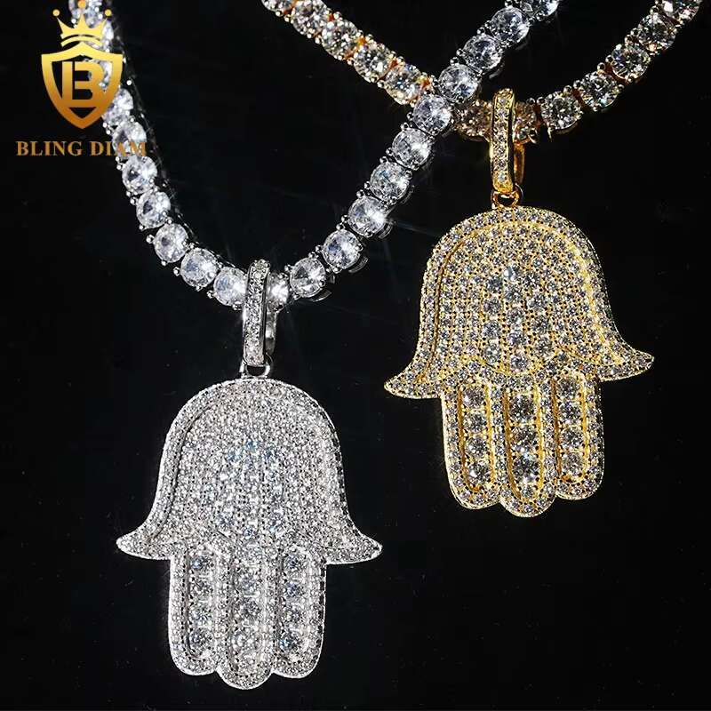 New Custom Hamsa Hand Pendant Hip Hop Jewelry Full Diamond VVS Moissanite 925 Silver Charm Pendant Pass Diamond Tester