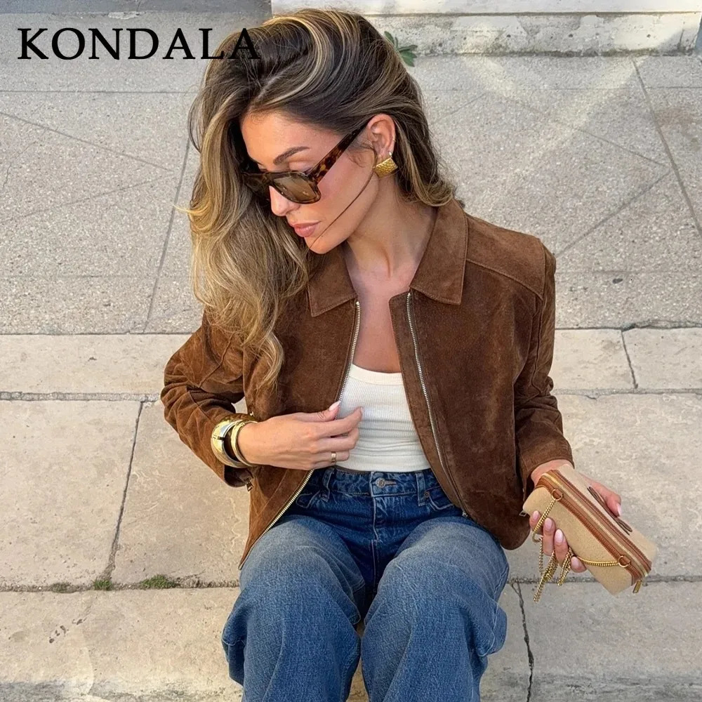 KONDALA 2025 Fall Winter Suede Zip Up Streetwear Women Jackets Fashion Casual Turndown Collar Brown Chic Elegant Ladies 251121