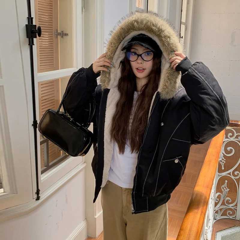Autumn Winter Cotton Padded Jacket Women Outerwear Thick Warm Oversize Short Coat Female Hooded Long Sleeve Fur Collar Parkas J251124