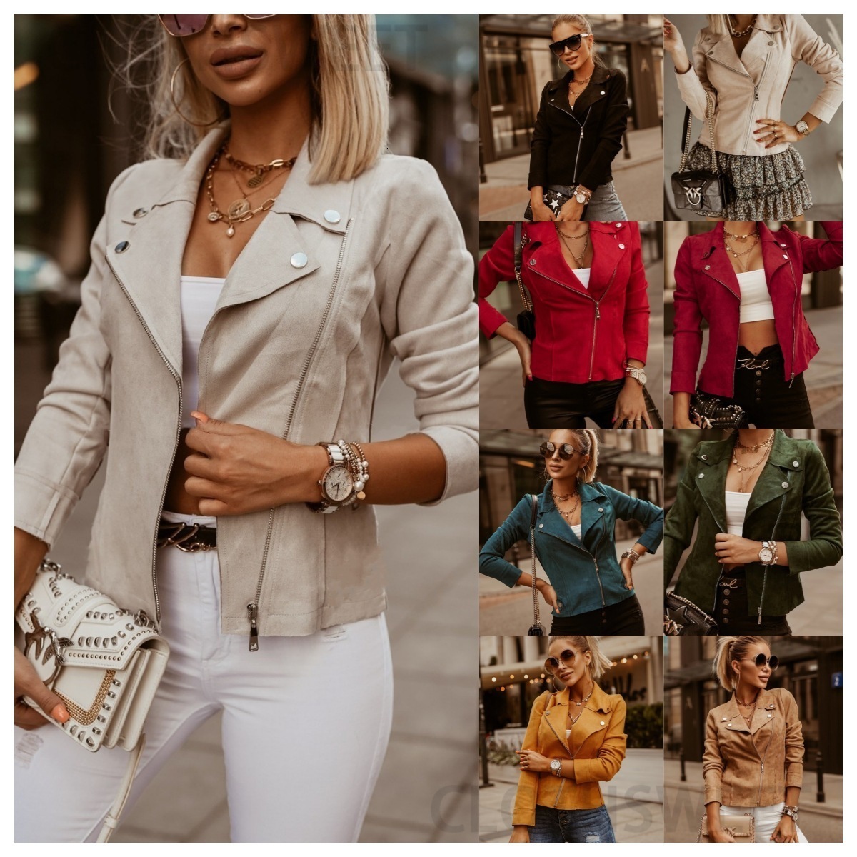 2024 WSIH autumn and winter solid color slim fit diagonal zipper lapel short jacket for women