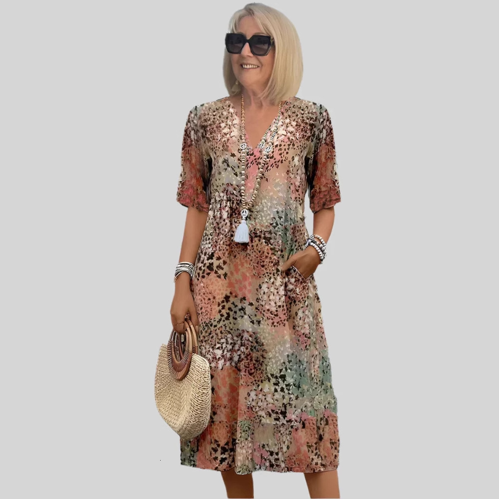 2025 Summer New Printed V-neck Leisure Vacation Pocket Dress for Women