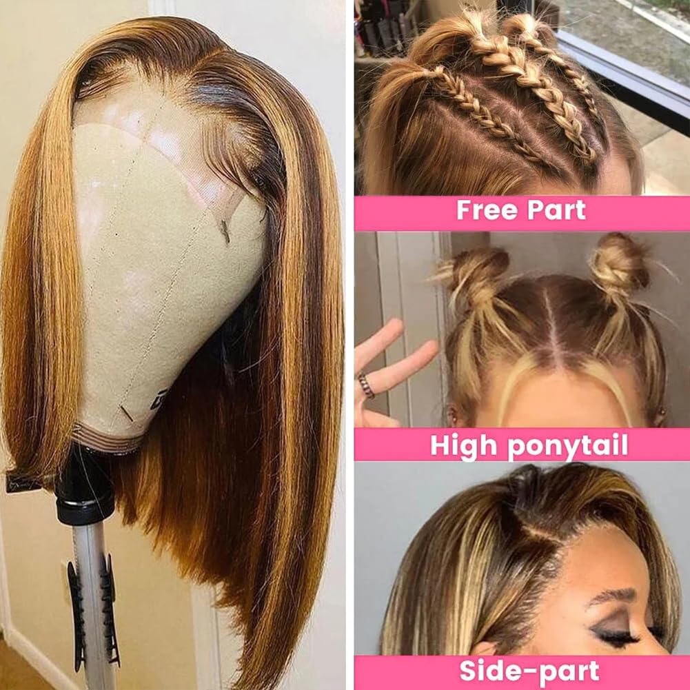 13x4 Highlight Blonde Hair Wigs Short Bob Pixie Cut Wigs Bone Straight For Women 280 Density Black Colored Lace Front Wig Transparent Lace Wig Transpa