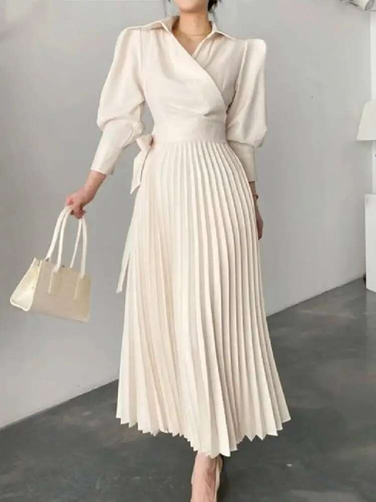Spring Women Solid Color Puff Sleeves Lace-Up Waist A-Line Pleated Dresses Elegant Commuter Dress For Office Ladies