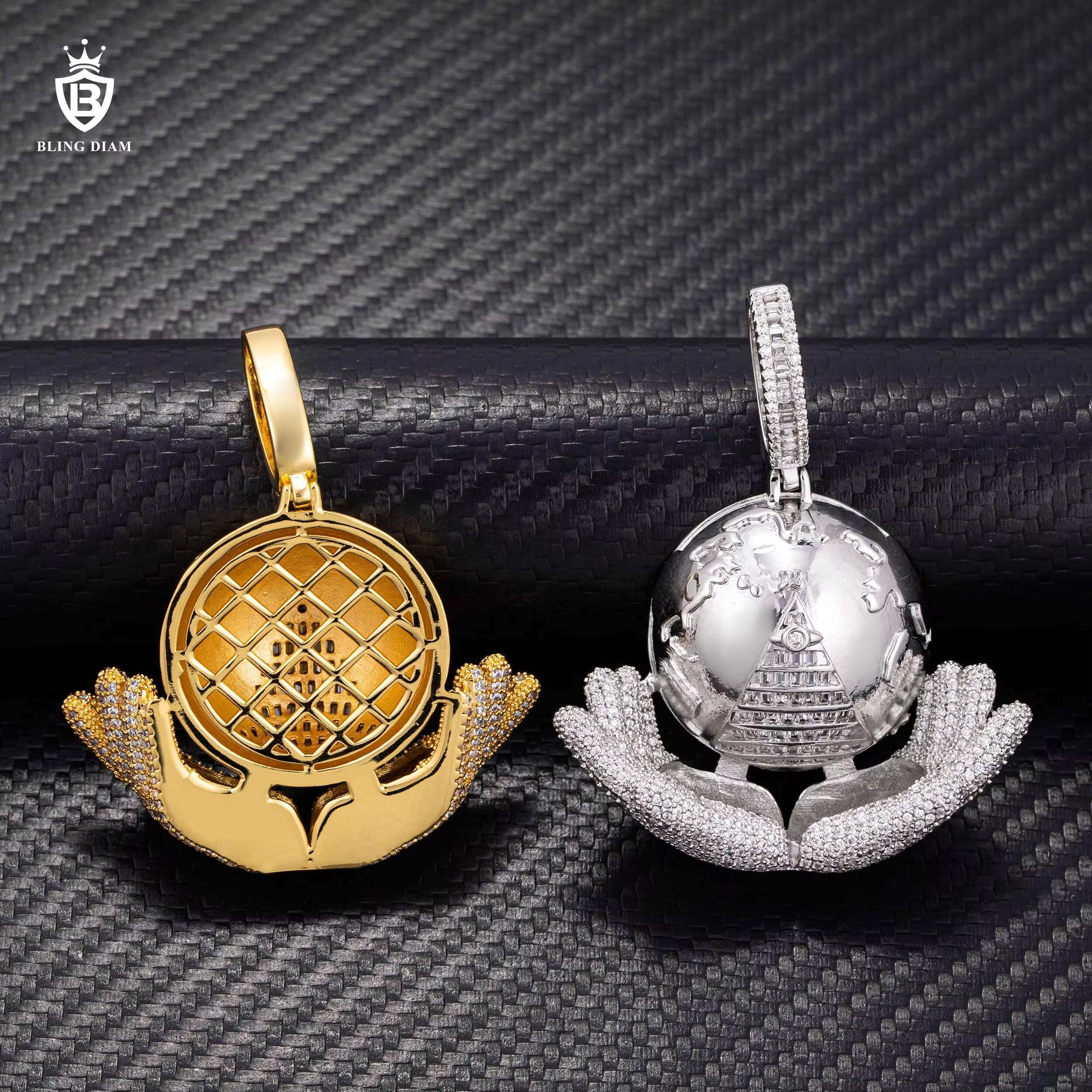 Wholesale Custom Pendant Iced Out Jewelry Hip Hop Brass Full VVS Moissanite Diamond Mens Necklace Set Earth Pendant