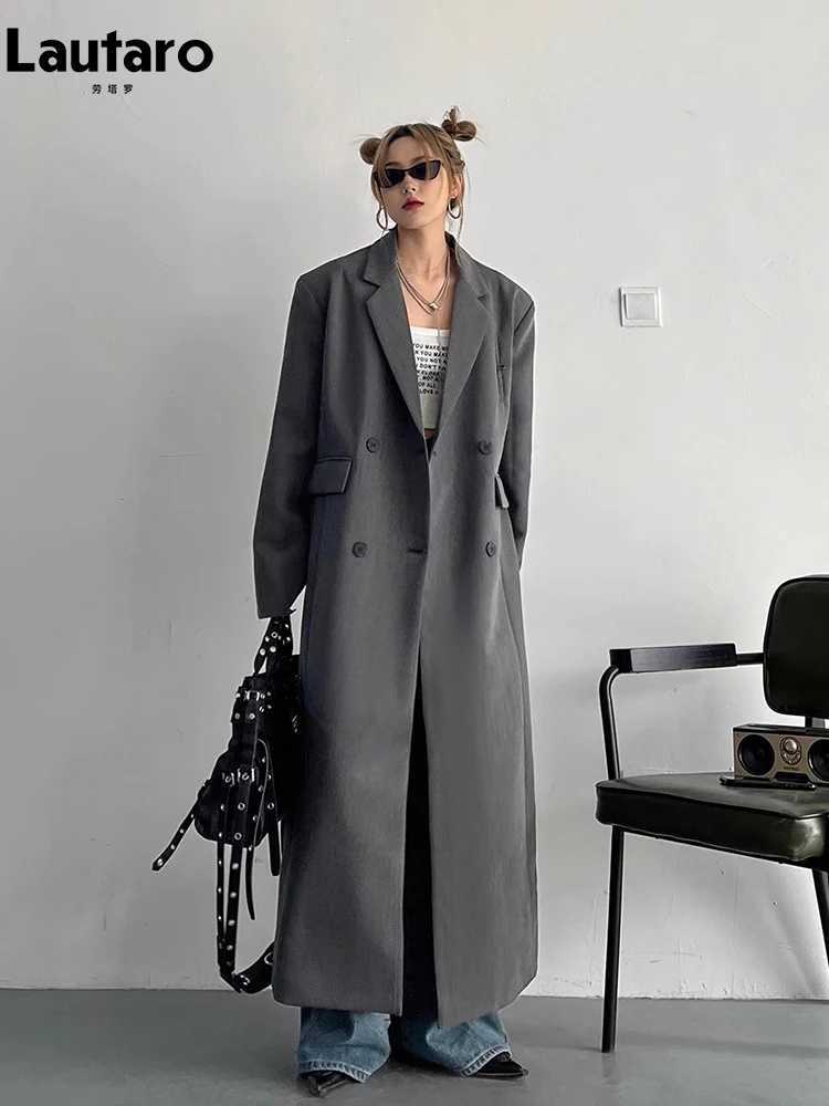 Lautaro Spring Autumn Long Grey Black Trench Coat for Women Double Breasted Loose Casual Korean Fashion Clothing Blazer 2023 J251124