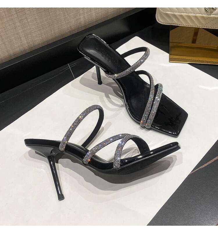 Woman Sandals Diamond High End Wine Red High Heeled Shoes Pointed Back And Sexy Slender Heels Women S Straight Toe Sandals With Exposed Toes