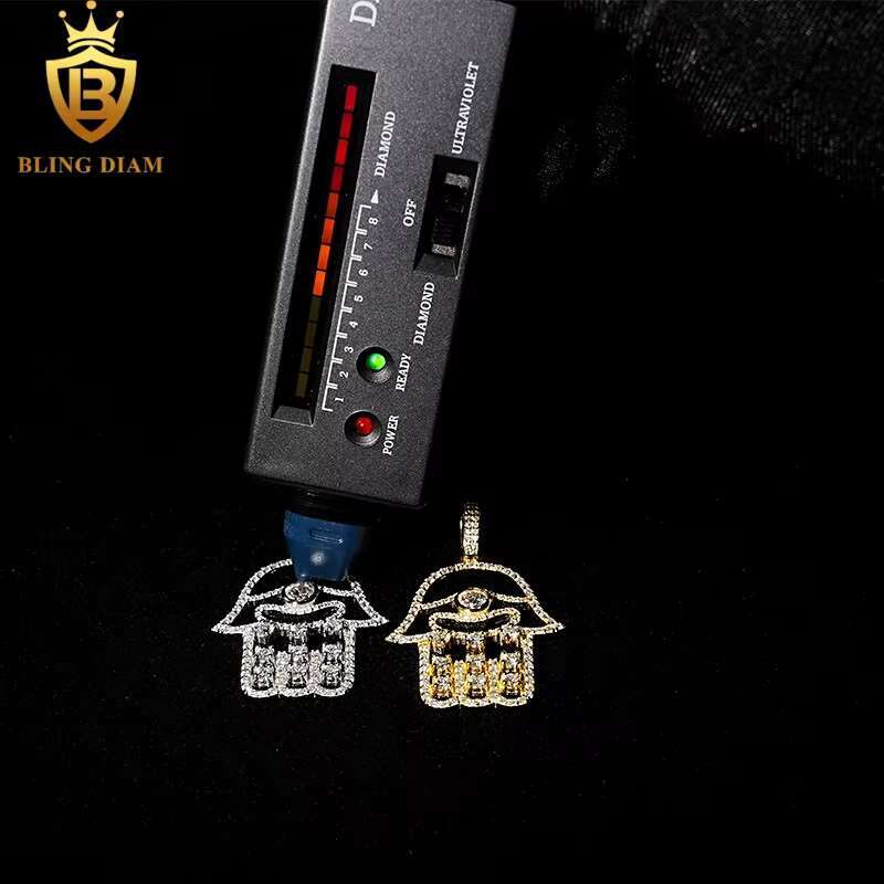 New Custom Hamsa Hand Pendant Hip Hop Jewelry VVS Moissanite 925 Silver Charm Pendant Pass Diamond Tester