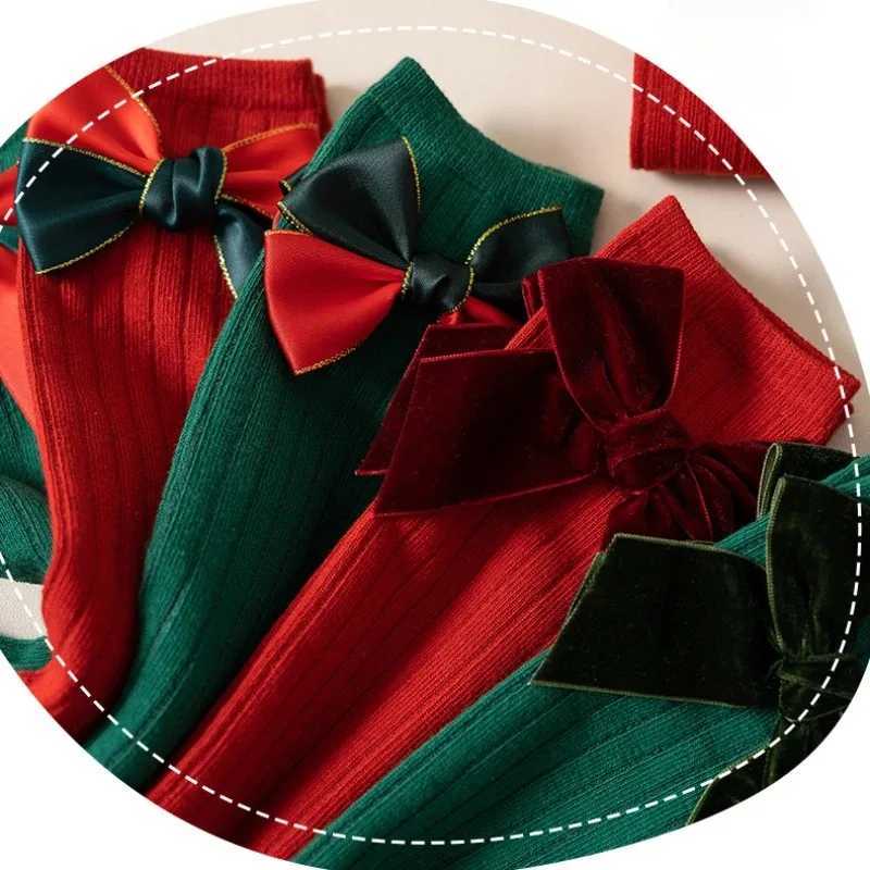 2025 Christmas Girls Socks For 3-12Y Autumn Winter Toddlers Big Bow Knee High Long Kids Sock Soft Cotton Red Socken G251124
