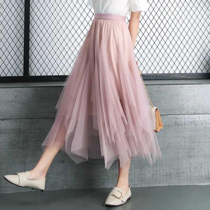 Asymmetrical High Waist Ruffles Mesh Tutu Long Midi Skirt Irregular Tulle Skirt for Women Black Harajuku Summer Goth Clothes 250421