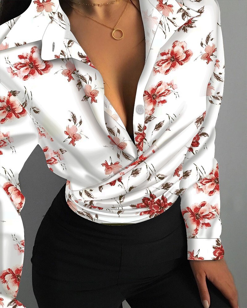 2021 autumn loose long sleeve V-neck printed womens shirt