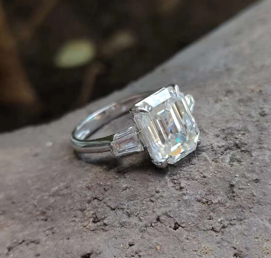 White Gold 3.89 TCW Emerald and Tapered Baguette Three Stone Engagement Moissanite Ring