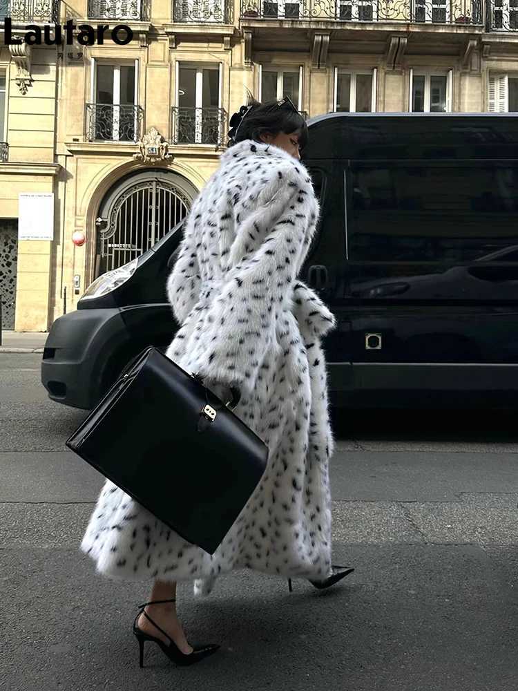 Lautaro Winter Extra Long Thick Warm Colorful Polka Dot Soft Fluffy Faux Fox Fur Coat Women Sashes Loose Furry Overcoat 2023 J251124