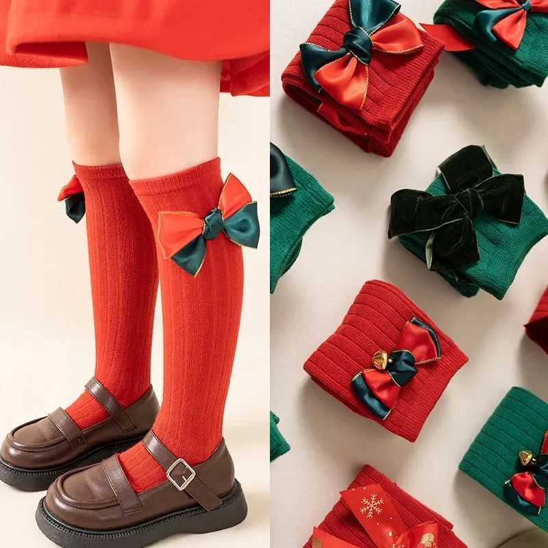 2025 Christmas Girls Socks For 3-12Y Autumn Winter Toddlers Big Bow Knee High Long Kids Sock Soft Cotton Red Socken G251124