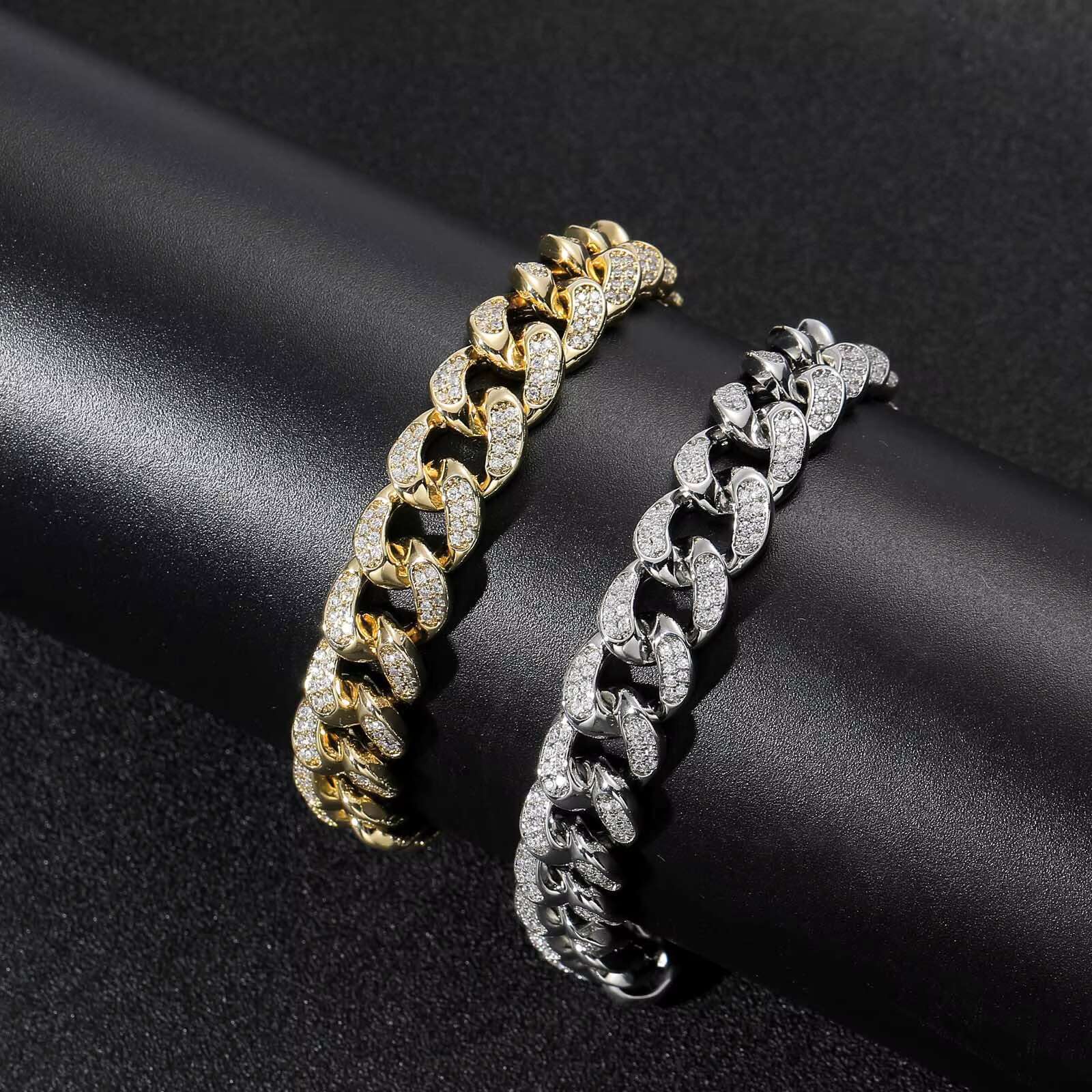 12MM Hot Selling Hip Hop Real Gold Chain Necklace Iced Out Miami Diamond CZ Miami Cuban Link Chain Necklace Set for Mens Jewelry