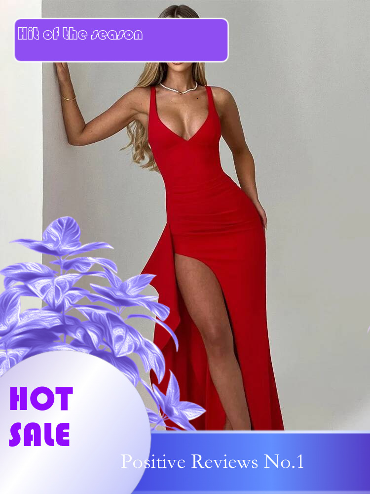 Dongdumaoyi Townlike V Neck High Split Sexy Party Dress Women Spaghetti Strap Summer Ruffles Elegant Maxi Long Dresses