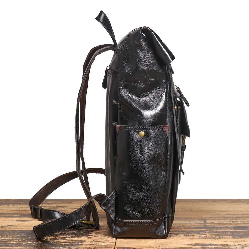 LUOKIR Genuine Leather Men's Large Capacity Backpack, First Layer Cowhide Outdoor Travel School Bag, 17-inch Laptop Bag