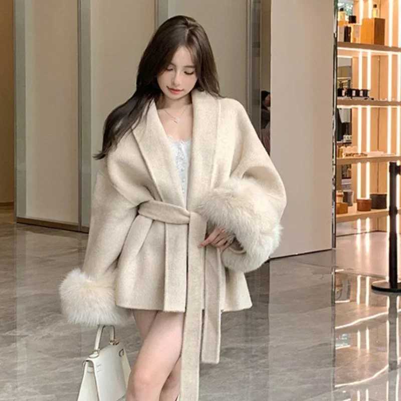 Elegant Ffice Womens Coat Fur Patchwork Long-sleeved Wool Coat Beautiful Womens Clothing Jacket Autumn And Winter J251124