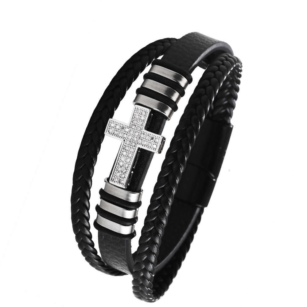 Copper inlaid zircon cross bracelet, fashionable PU leather rope, hand woven alloy bracelet jewelry