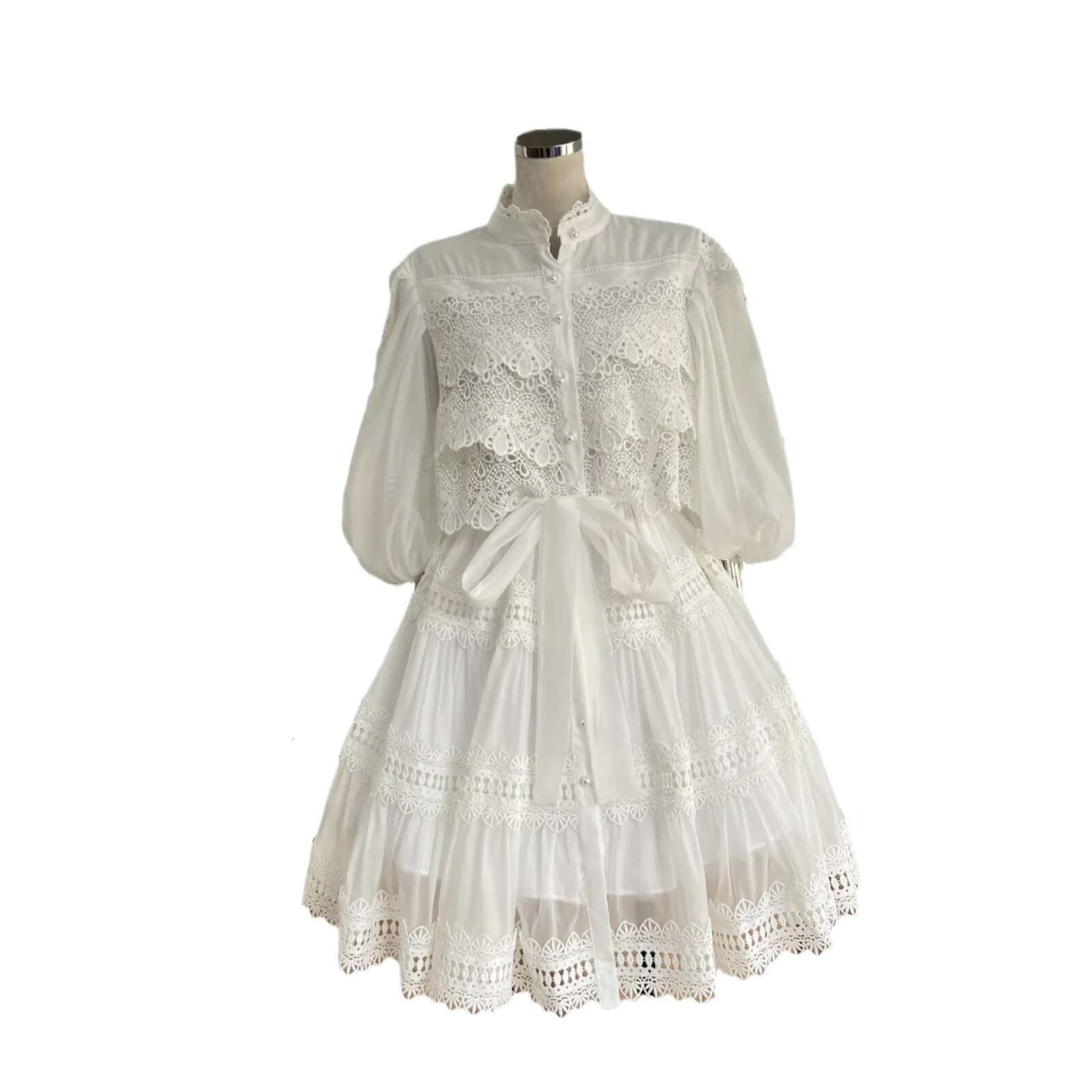 Organza Hollow Out Short Dress Women's Fashion 2025 Spring Summer Pearls Loose Evening Party Ruffles Dresses Quality