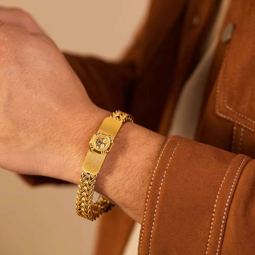 2024 New Personalized Gold Plated Stainless Steel Double Chain the Tree of Life Fashion Jewelry Cuban Link Chain Bracelet Men