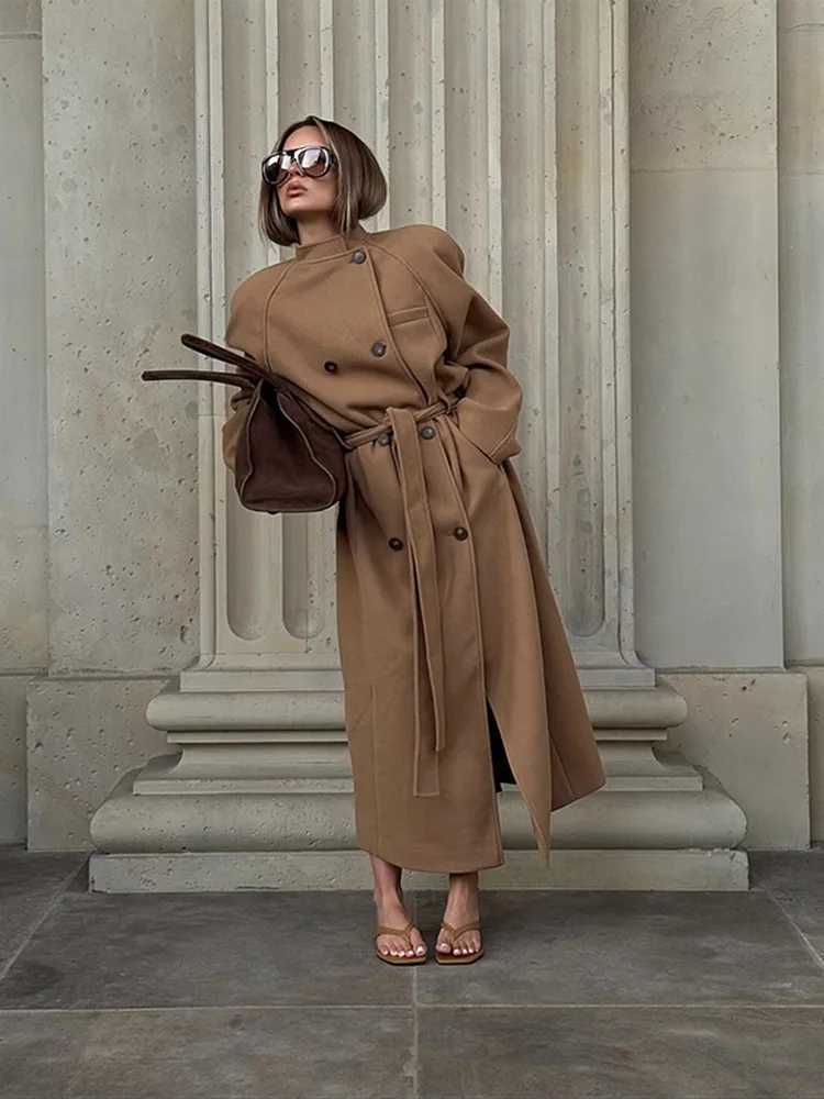 Fashion Faux Wool Long Coat for Women Autumn Elegant Double Breasted Belts Jackets Chic Turn-down Collar Thick Outerwear J251124