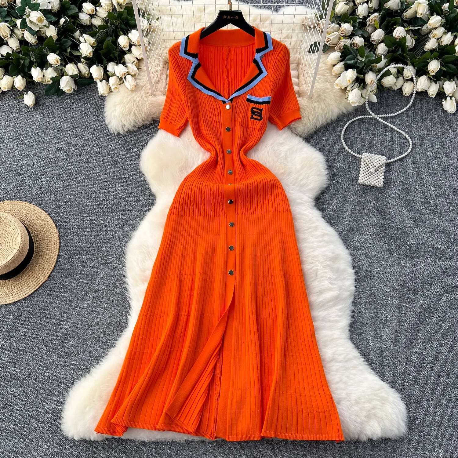 Yuoomuoo Early Autumn Embroidery Maxi Dress Women Fashion Y2k Single-Breasted Knitted Elegant Lady Office Dresses