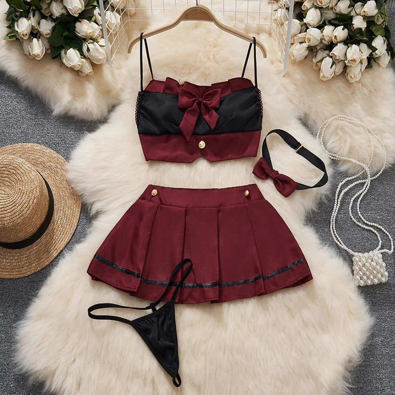 Bow sleeveless Camisol crop top lingerie 2-piece set with d skin spicy girl role-playing outfit Y2K sexy toy womens clothing 250422