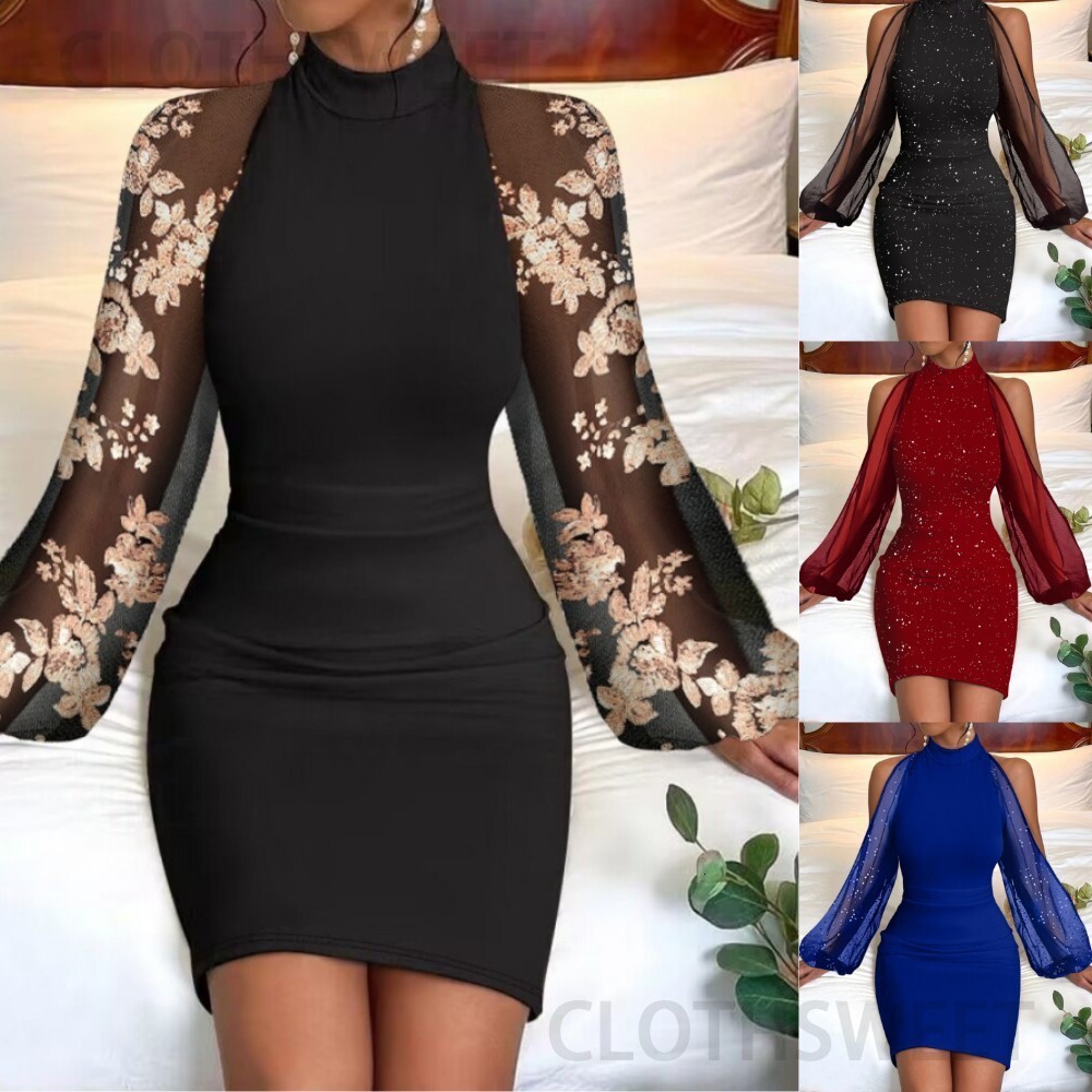 2023 autumn and winter round neck lace long sleeved dress with hip and waist cinching womens clothing