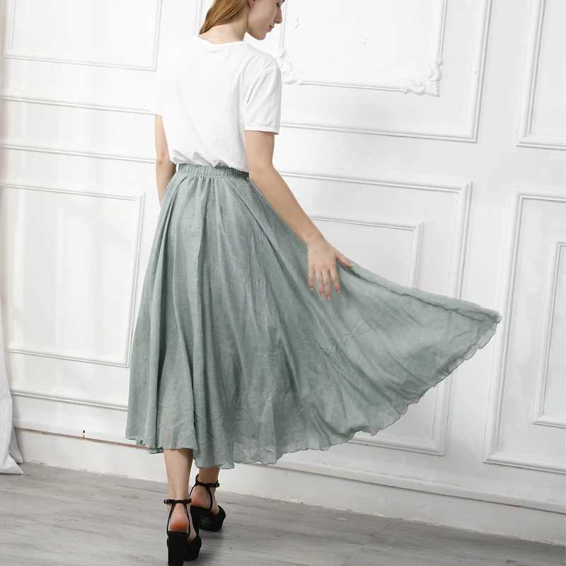 cotton linen long skirt for womens casual elastic high waisted pleated A-Line beach skirt Boho Saia Feminina Faldas Jupe M250424