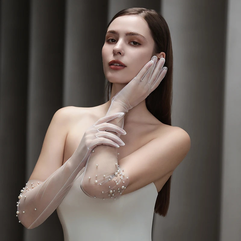 WG138 Bridal Gloves Heavy Handmade Beading Elegant Long Elegant Slim Wedding Dinner Party Tulle Gloves Wedding Accessories 250417