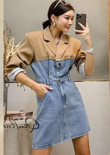 Getspring Women Notched Collar Denim Ed Single Breasted Long Sleeve Suit Dress Fashion Ladies Mini Dresses Autumn