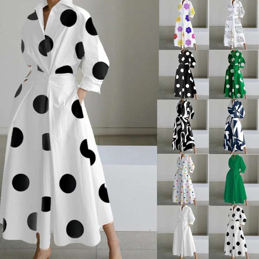 Superaen Dresses Spring 2024 New Commuter Fashion Lapel Collar Long Sleeve Elastic Swing Dress