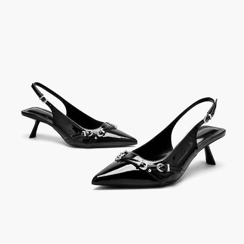 2025 Summer New Style Black Patent Leather Kitten Heel Sandals with Buckle Toe-Covered Slim Heel Pointed-Toe High-Heeled Shoes for Women
