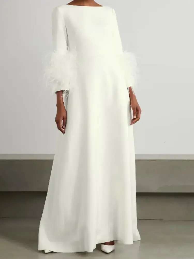 Female Solid Color Floor Length Wrap Dress Feathers Half Sleeve Boat Neck Elegant Pleated Evening Dresses For Women