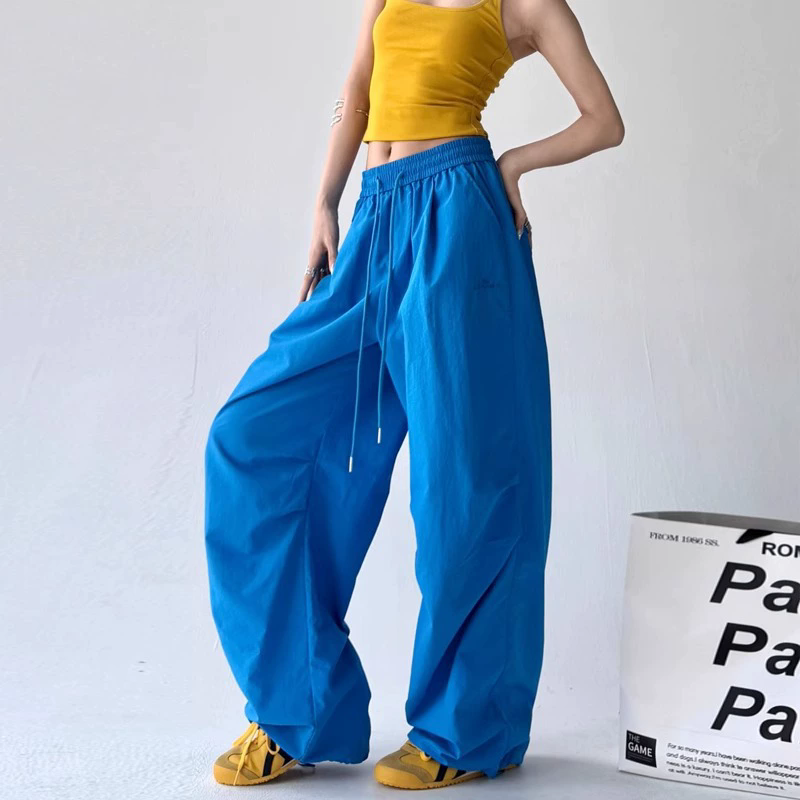 Fashion Style Retro Drawstring Pleated Paratrooper Pants Overalls Women's Loose Straight Casual Pants Trendy Trousers XXL Blue Red 4 Color Spring