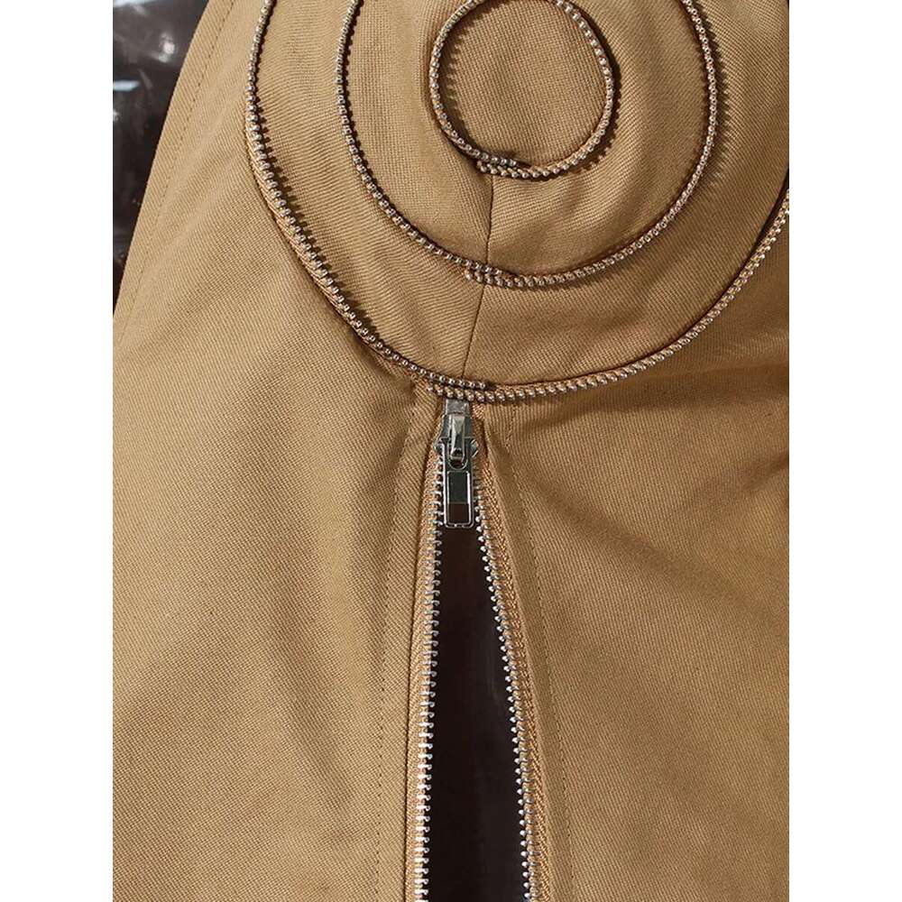 TWOTWINSTYLE Solid Spliced Zipper Chic Jackets For Women V Neck Sleeve Tunic Split Minimalist Long Coats Female Fashion New