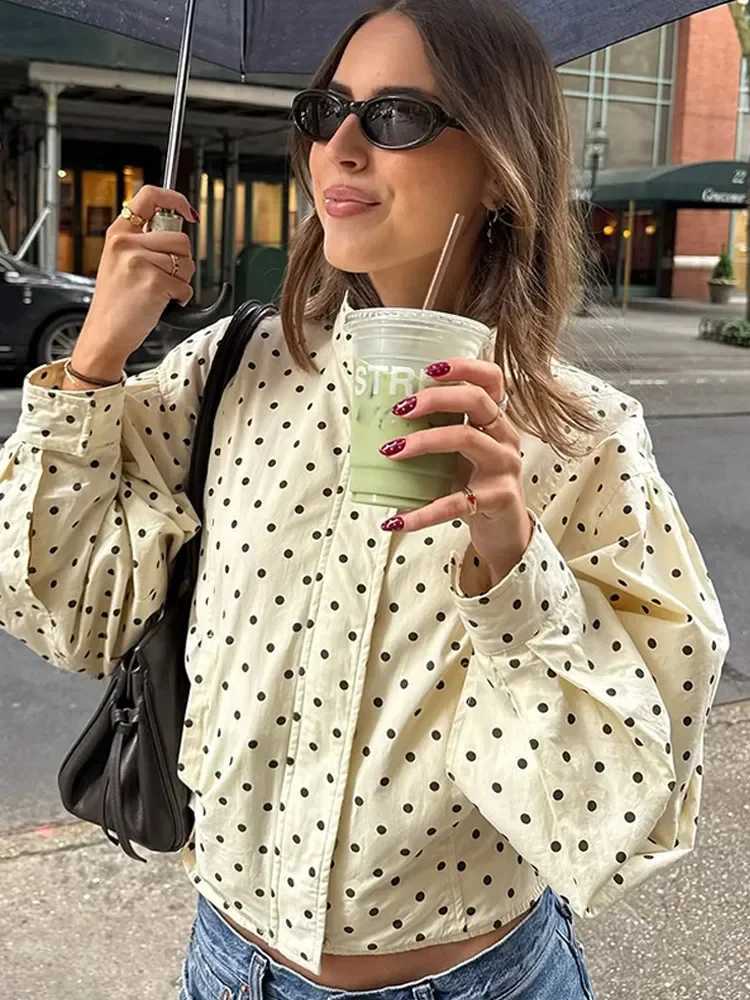 New Women Polka Dot Printing Jacketfashion Slim Fit High Neck Full Sleeve Casual Short Coat J251124