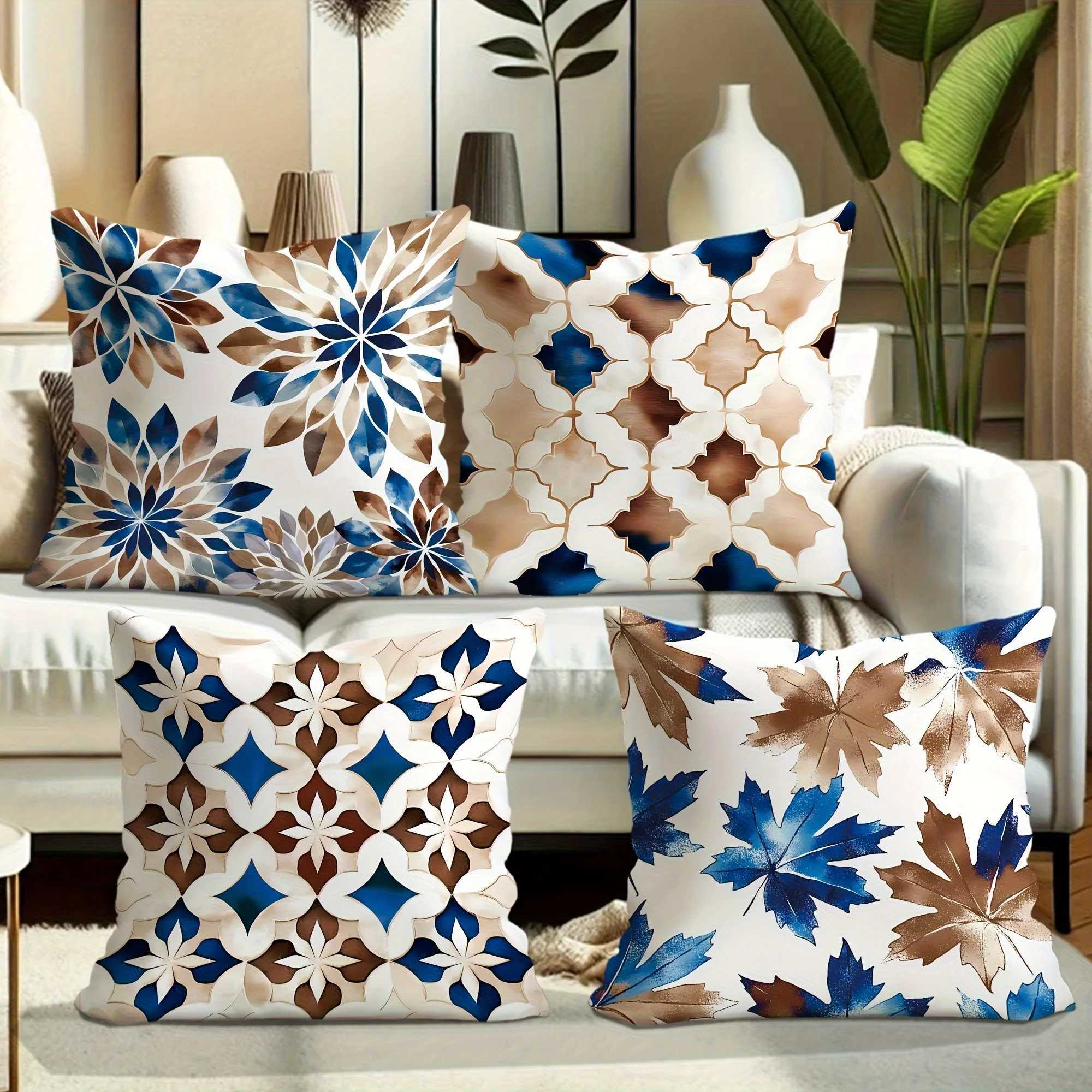 Blue Brown Floral Geometric throw pillow cover with short plush print for living room decoration cushion cover pillow covers G251124