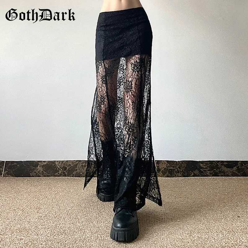 Goth Dark lace patch long shopping center Gothic Coquette high waist body Skirts sexy transparent hem split bottom elegant M250424