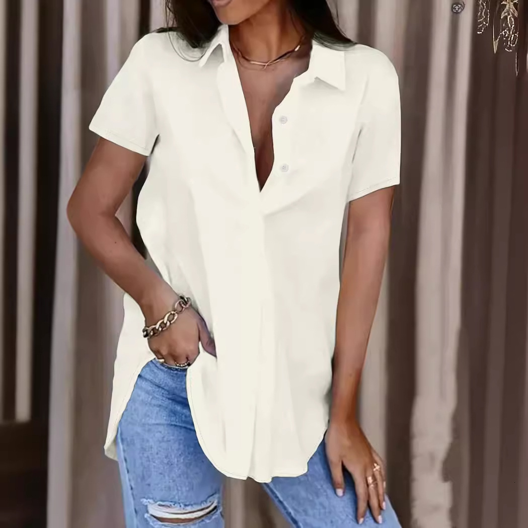 2024 Summer Simple Solid Color V-neck Button Womens Shirt
