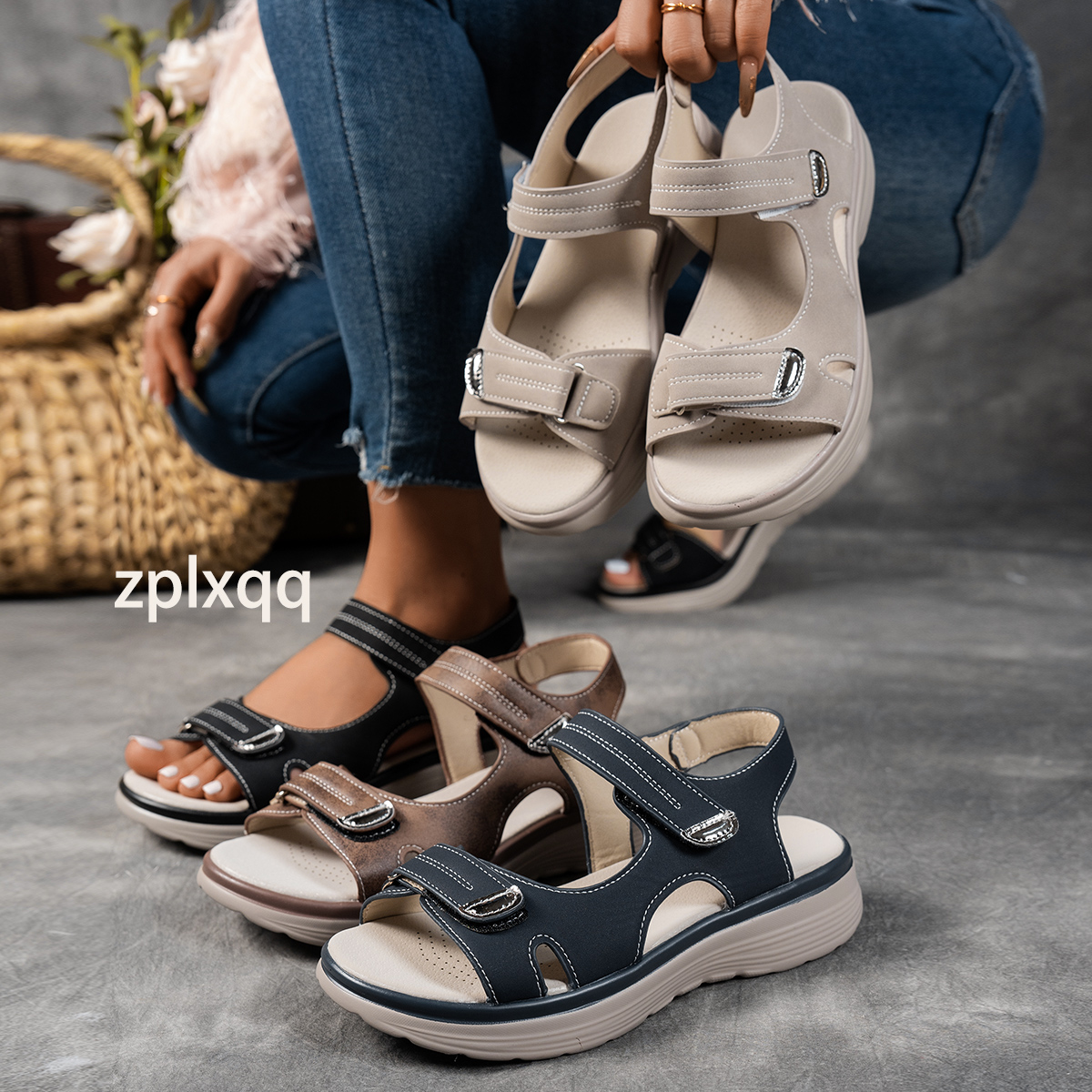 Women's Summer Casual Black Platform Wedge Sandals Open Toe Breathable PU Upper Women | Casual Strappy Sandals