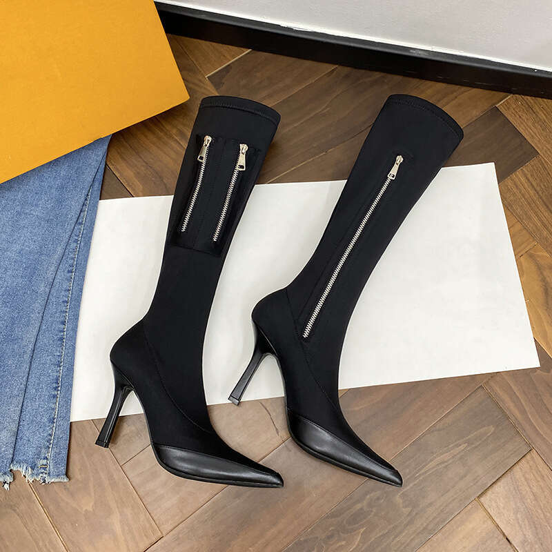 Woman Sandals Women S Knee High For Autumn And Winter New Zipper Pointed Slim Elastic Boots Silk High Heeled Long Tube Boots
