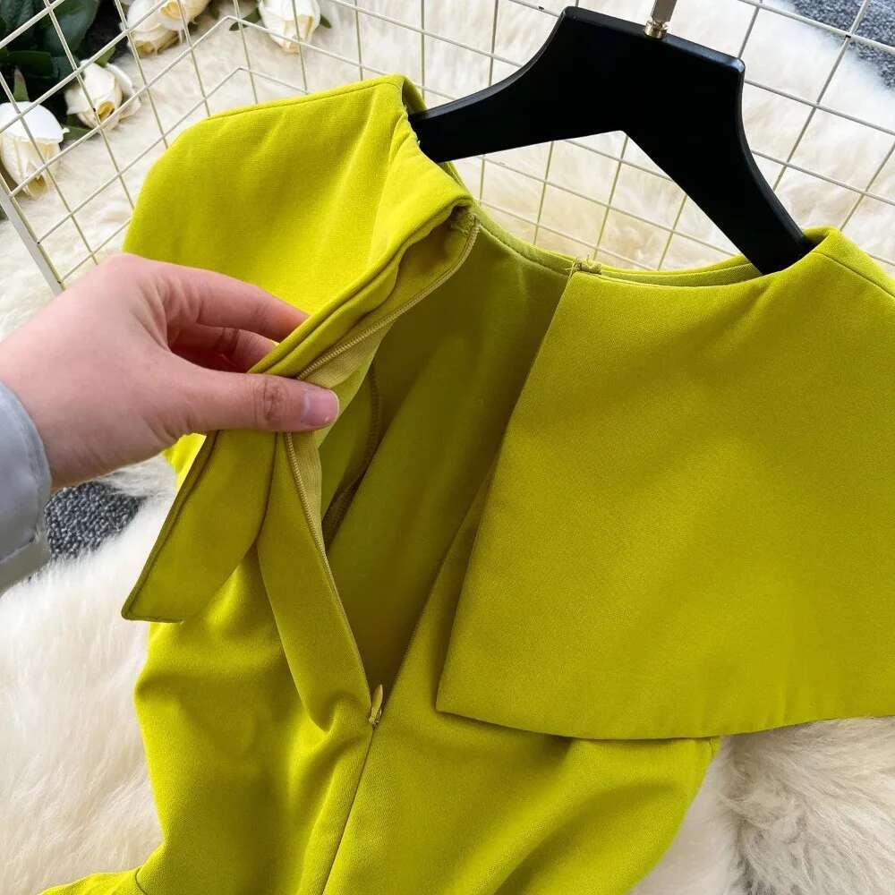 Elegant O-Neck Vintage Cloak Sleeves Chic Asymmetrical Slim A-Line Pleated Dresses Evening Fashion Women High Street Clothing