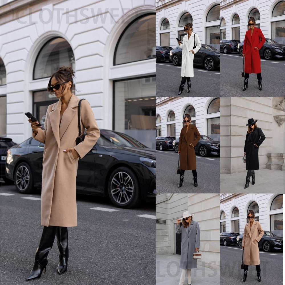 2024 Winter Simple Solid Color Long Sleeve Medium Long Woolen Coat Womens Wear