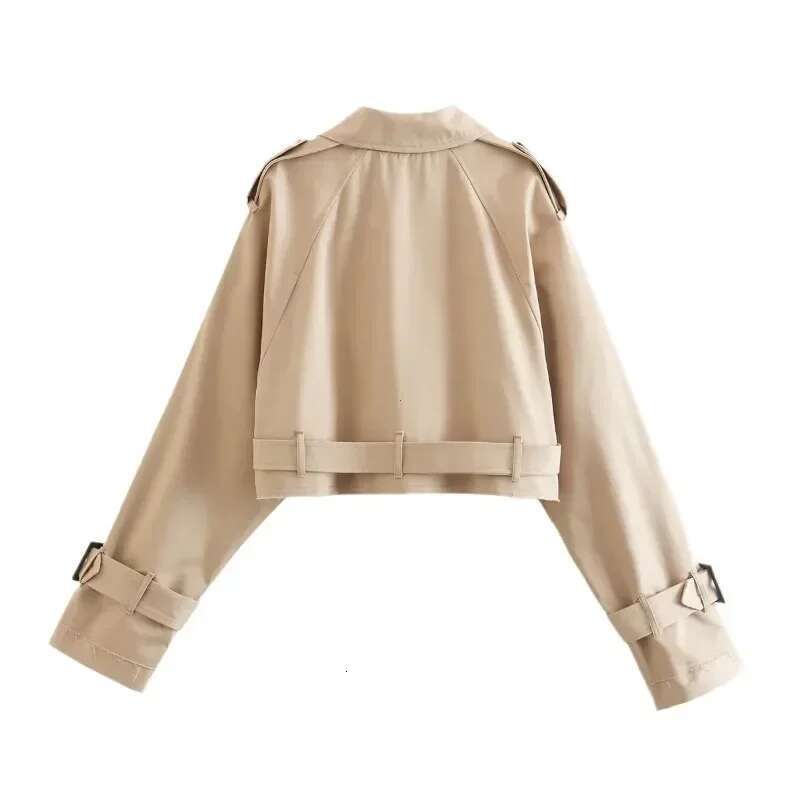 Designer Clothes Belt Cropped Trench Spring Jacket Women Vintage Streetwear Double Breasted Long Sleeve Top Female Coat Outfits
