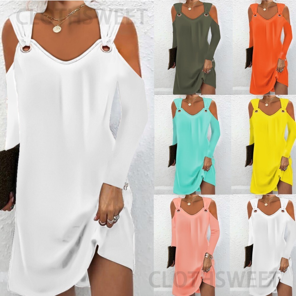 2023 Autumn Simple Solid Color Metal Button V-neck Button Dress for Women